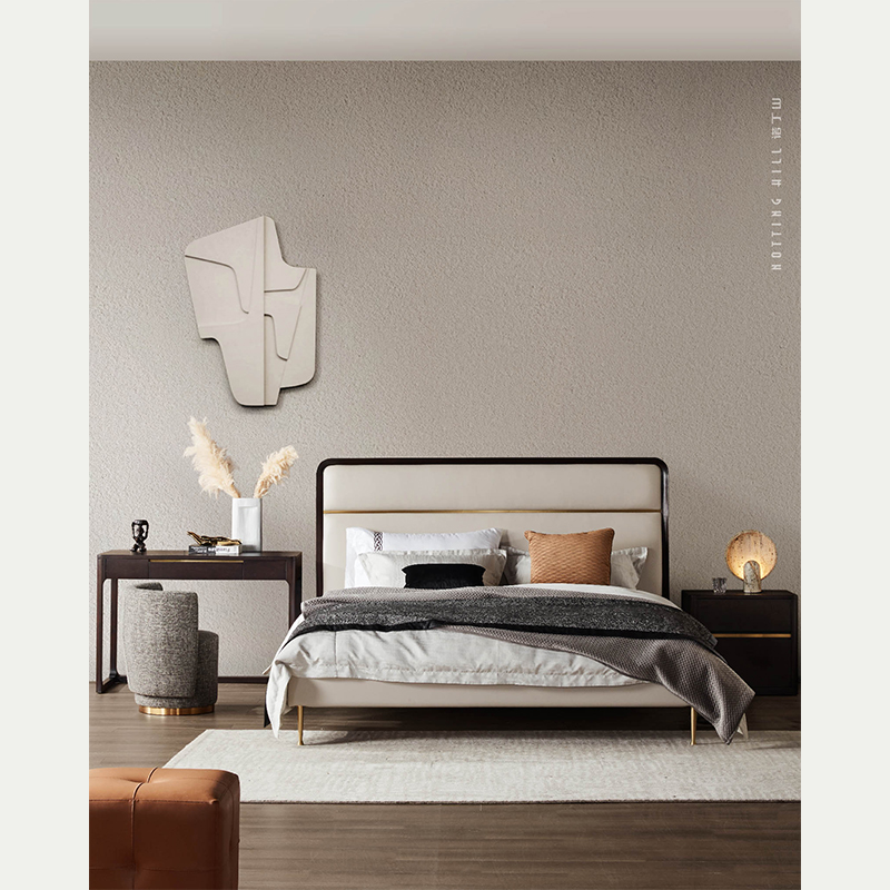 Wooden Frame Bed with Upholstery Headboard and Cooper Feet