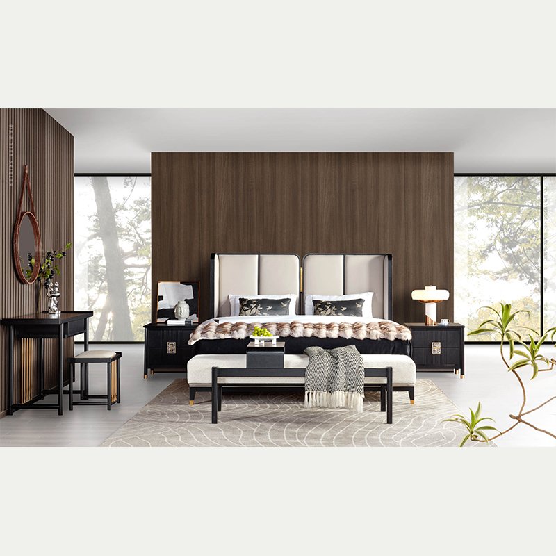 Chinese Traditional Design Bed with Dresser Set and Bed Stool
